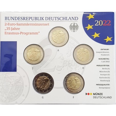 2 Euros Allemagne 2022, BU sous blister, 35ème anniversaire du programme Erasmus (Atelier A,D,F,G,J)