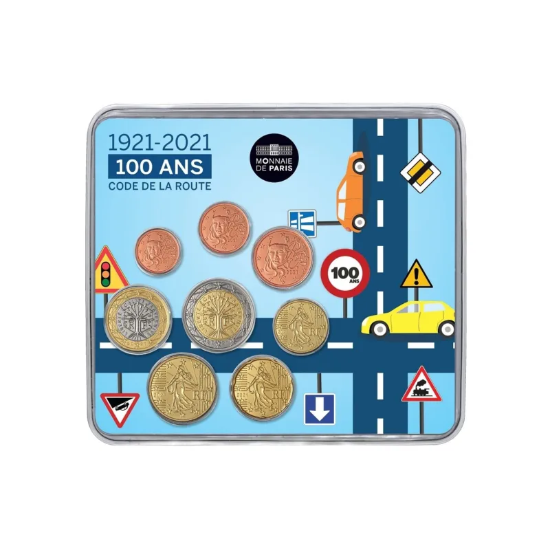 Série 8 pièces euro, France 2021, Miniset BU, Face nationale -  100 ans du code la route