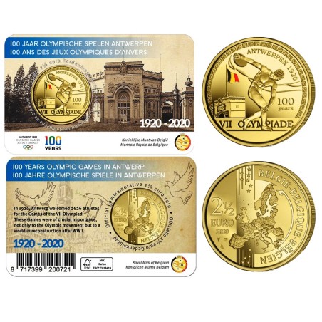 Pièce de 2,50 Euros Belgique 2020, BU coincard version colorisée, 100 ans JO Anvers