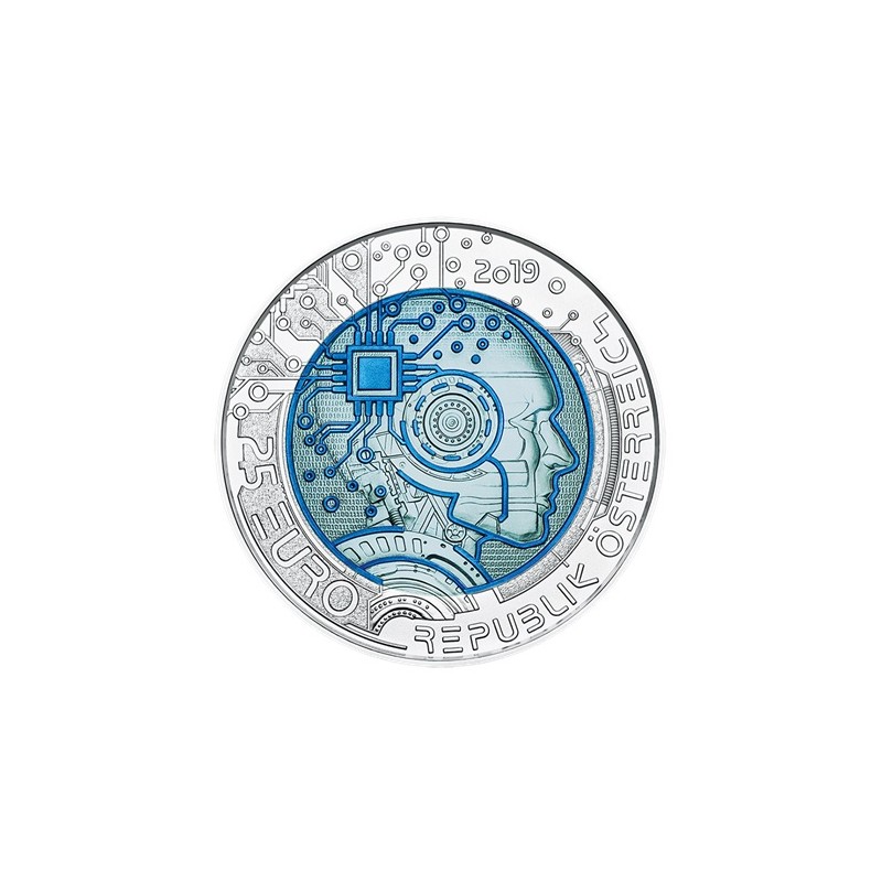 Pièce de 25 Euros Autriche 2019, BU argent et niobium, Intelligence artificielle Pièce de 25 Euros Autriche 2019, BU argent et niobium, Intelligence artificielle
