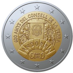 Pièce de 2 Euros Andorre 2019, BU sous blister, 600 ans du Conseil de la Terre