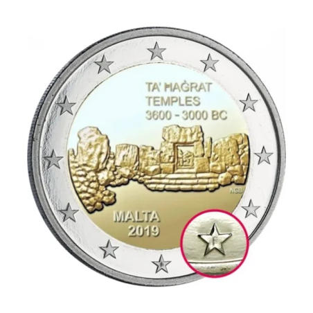 2 Euros Malte 2019, UNC, Temples de Ta'Hagrat avec la lettre d'atelier "F"