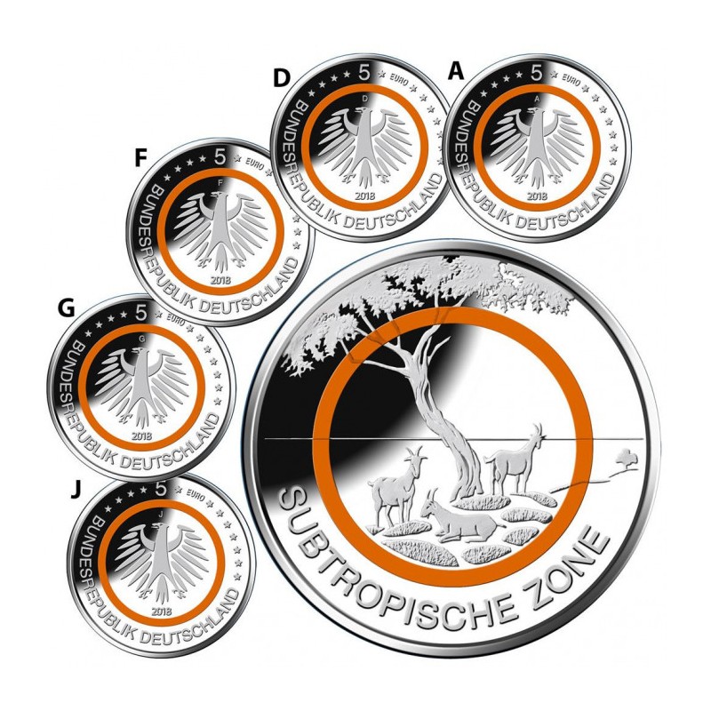 Lot de 5 pièces de 5 Euros Allemagne 2018, UNC, Zone subtropicale (ADFGJ)