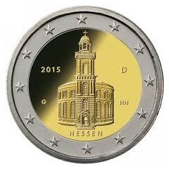 Lot de 5x2 Euros (ADFGJ), Allemagne 2015, UNC,  la présidence de la Hesse au Bundesrat. (Eglise Saint-Paul de Francfort)