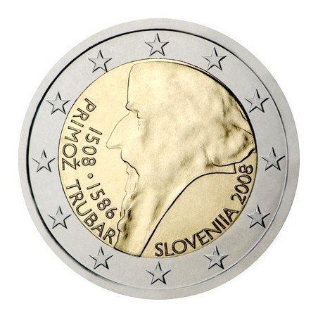 2 Euros Slovénie 2008, UNC, 500ᵉ anniversaire de la naissance du réformateur protestant slovène Primož Trubar, en 1508