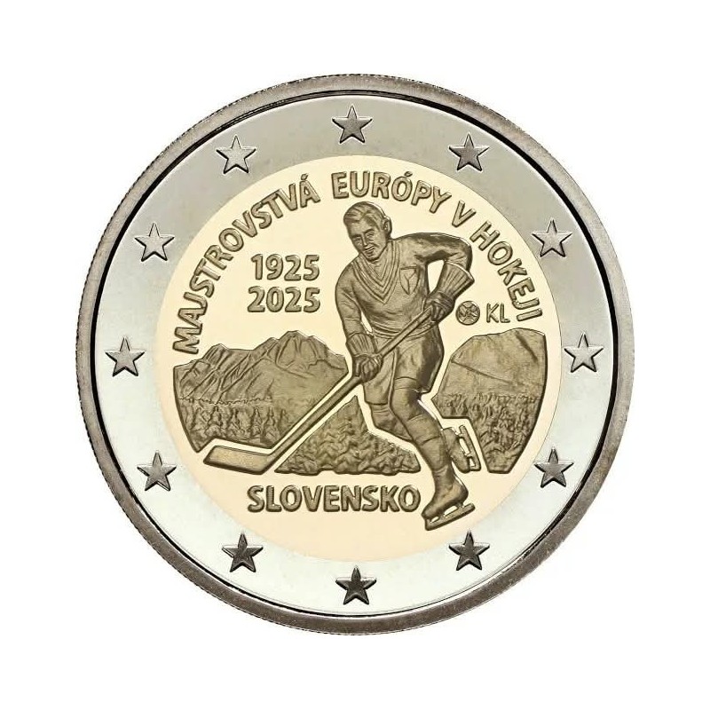 2 Euros Slovaquie 2025, UNC, Les 100 ans du premier tournoi international de Hockey sur glace en Slovaquie