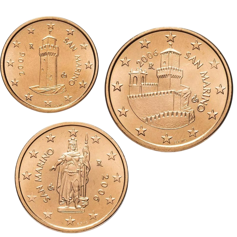 Série 3 pièces Saint Marin 2006, UNC, Face nationale 1, 2 et 5 cts