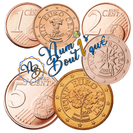 Série 3 pièces Autriche 2002, UNC, Face nationale 1, 2 et 5 cts