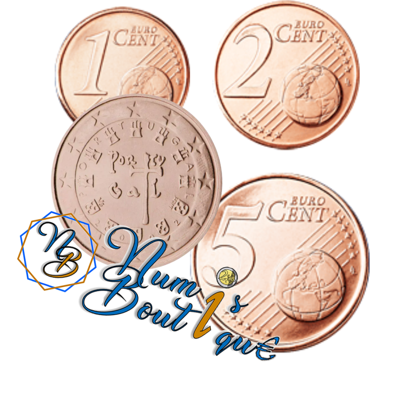 Série 3 pièces Portugal 2002, UNC, Face nationale 1, 2 et 5 cts Série 3 pièces Portugal 2002, UNC, Face nationale 1, 2 et 5 cts