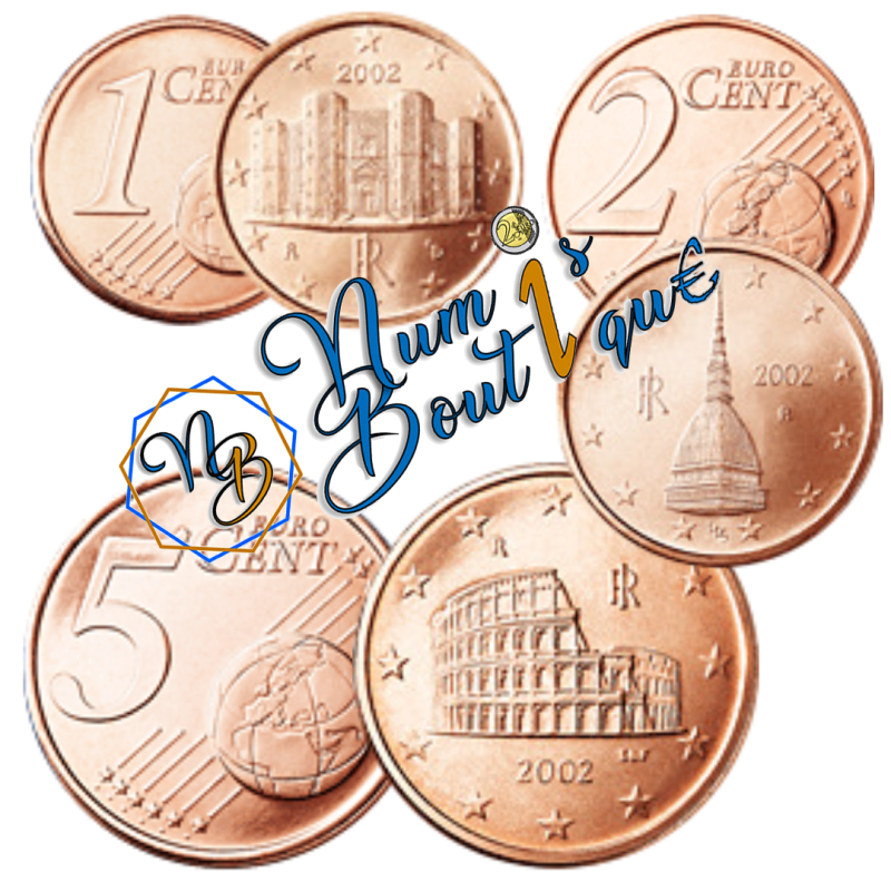 Série 3 pièces Italie 2002, UNC, Face nationale 1, 2 et 5 cts