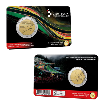 Lot des 2 coincards de 2 euros Belgique 2025, BU version Flamande et Française, le circuit Spa-Francorchamps