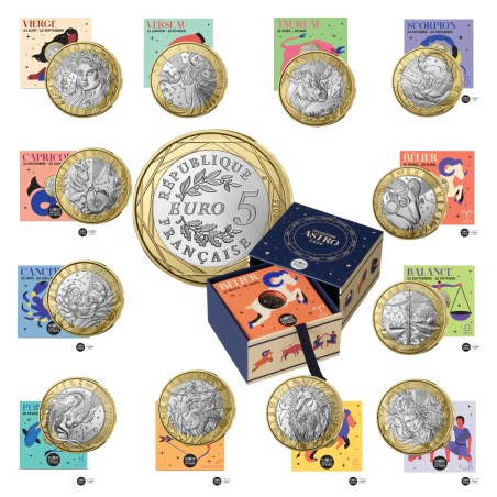 Lot de 12 pièces de 5 Euros, France 2026, UNC, Les signes du zodiaque