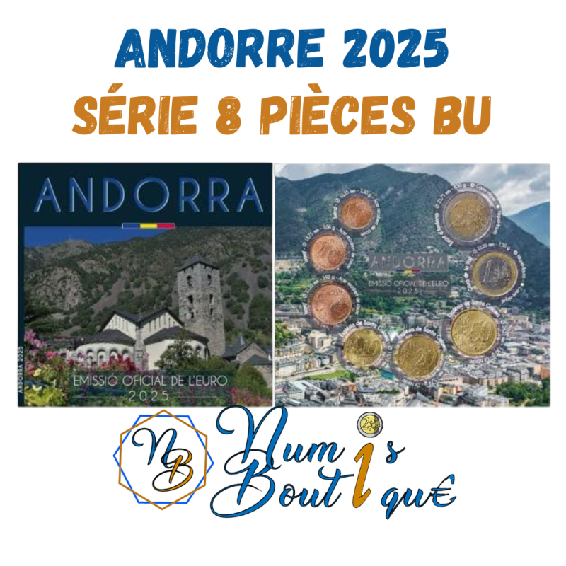 Série 8 pièces Euros Andorre 2025, BU, Face nationale classique Série 8 pièces Euros Andorre 2025, BU, Face nationale classique