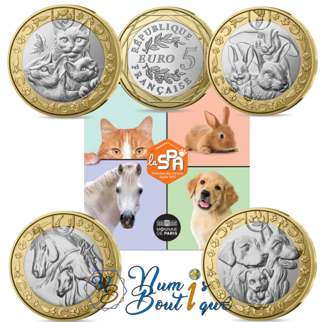 lots des 4 pièces de 5 euros France 2025, UNC, Les 80 ans de la SPA, les Lapins, Chevaux, Chats et Chiens