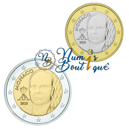 Duo de 1€ et 2€ Monaco 2025, UNC, Nouveau portrait Prince Albert II