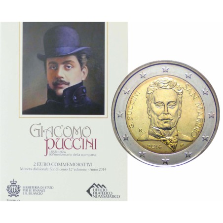 2 Euros Saint-Marin 2014, Coffret BU, 90ᵉ anniversaire de la Mort du compositeur Italien Giacomo Puccini