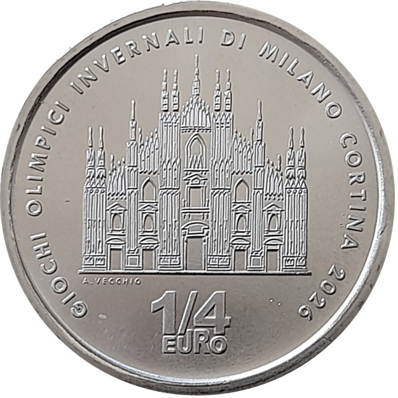 Pièce de 1/4 d'euro Italie 2026, UNC, JO d'hiver Milan-Cortina "Cathédrale de Milan" Pièce de 1/4 d'euro Italie 2026, UNC, JO d'hiver Milan-Cortina "Cathédrale de Milan"