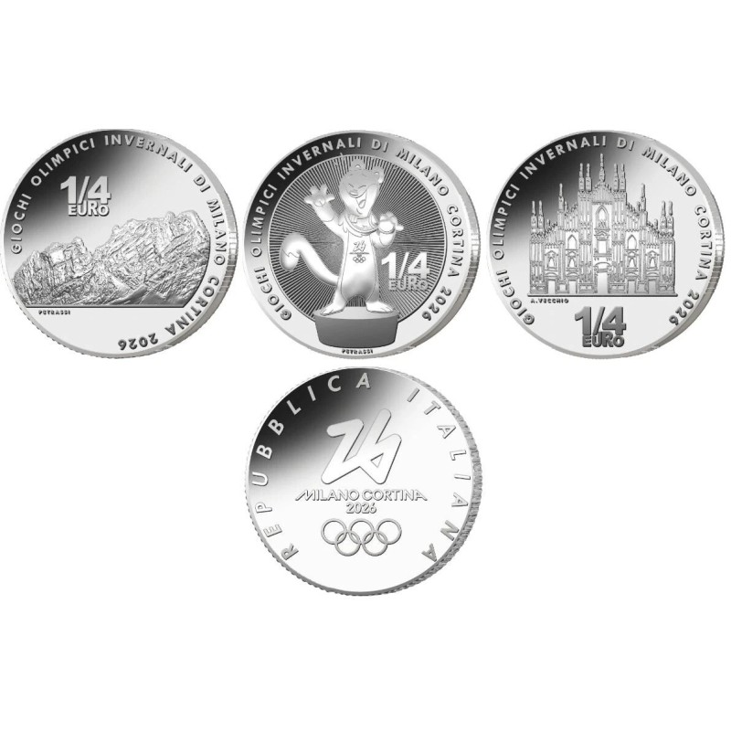 Lot des 3 Pièces de 1/4 d'euro Italie 2026, UNC, JO d'hiver Milan-Cortina Lot des 3 Pièces de 1/4 d'euro Italie 2026, UNC, JO d'hiver Milan-Cortina