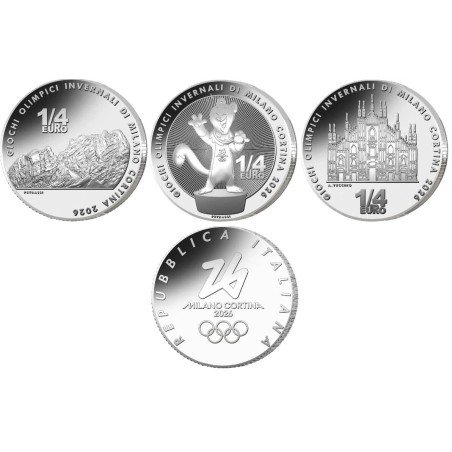 Lot des 3 Pièces de 1/4 d'euro Italie 2026, UNC, JO d'hiver Milan-Cortina