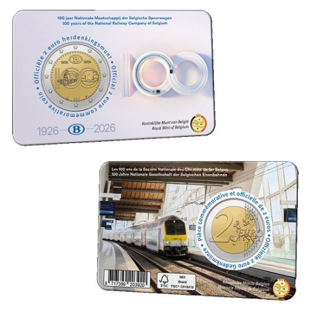 Pièce de 2 euros Belgique 2026, BU, les 100 ans des chemins de fer Belges Coincard version Flamande