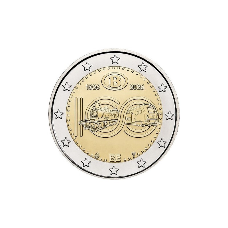 Pièce de 2 euros Belgique 2026, BU, les 100 ans des chemins de fer Belges Coincard version Française Pièce de 2 euros Belgique 2026, BU, les 100 ans des chemins de fer Belges Coincard version Française
