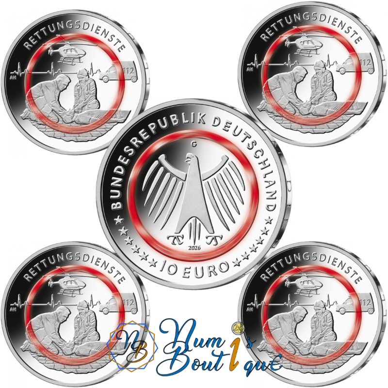Lot de 5 pièces de 10 € Allemagne 2026 UNC, Pompiers Service Ambulancier (ADFGJ) Lot de 5 pièces de 10 € Allemagne 2026 UNC, Pompiers Service Ambulancier (ADFGJ)