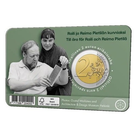 Pièce de 2 euros Finlande 2026, BU, Raili et Reima Pietilä coincard version Anglaise