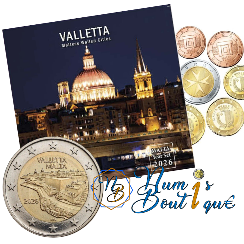 Série 9 pièces, Malte 2026, BU avec la pièce de 2€ "Ville de la Valletta" Série 9 pièces, Malte 2026, BU avec la pièce de 2€ "Ville de la Valletta"