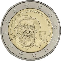 Pièce de 2 Euros France 2012, UNC, 100ᵉ anniversaire de la naissance de « l’Abbé Pierre, Protecteur des pauvres »