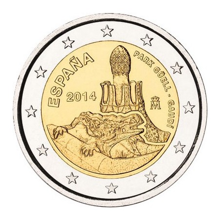 2 Euros Espagne 2014, UNC, Œuvre d’Antoni Gaudí, inscrite au patrimoine mondial de l’UNESCO depuis 1984